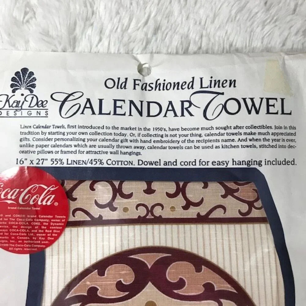 NWOT Vintage Coca-Cola Old Fashioned Linen Hanging Calendar Towel